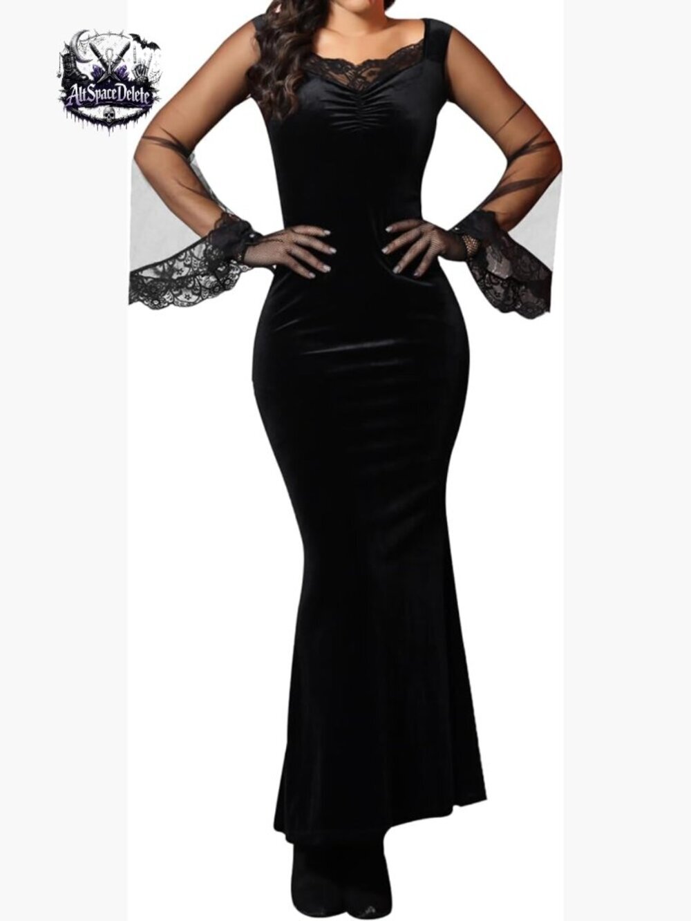 Velvet Gothic Mermaid Dress Long Sleeve Fitted Halloween Costume